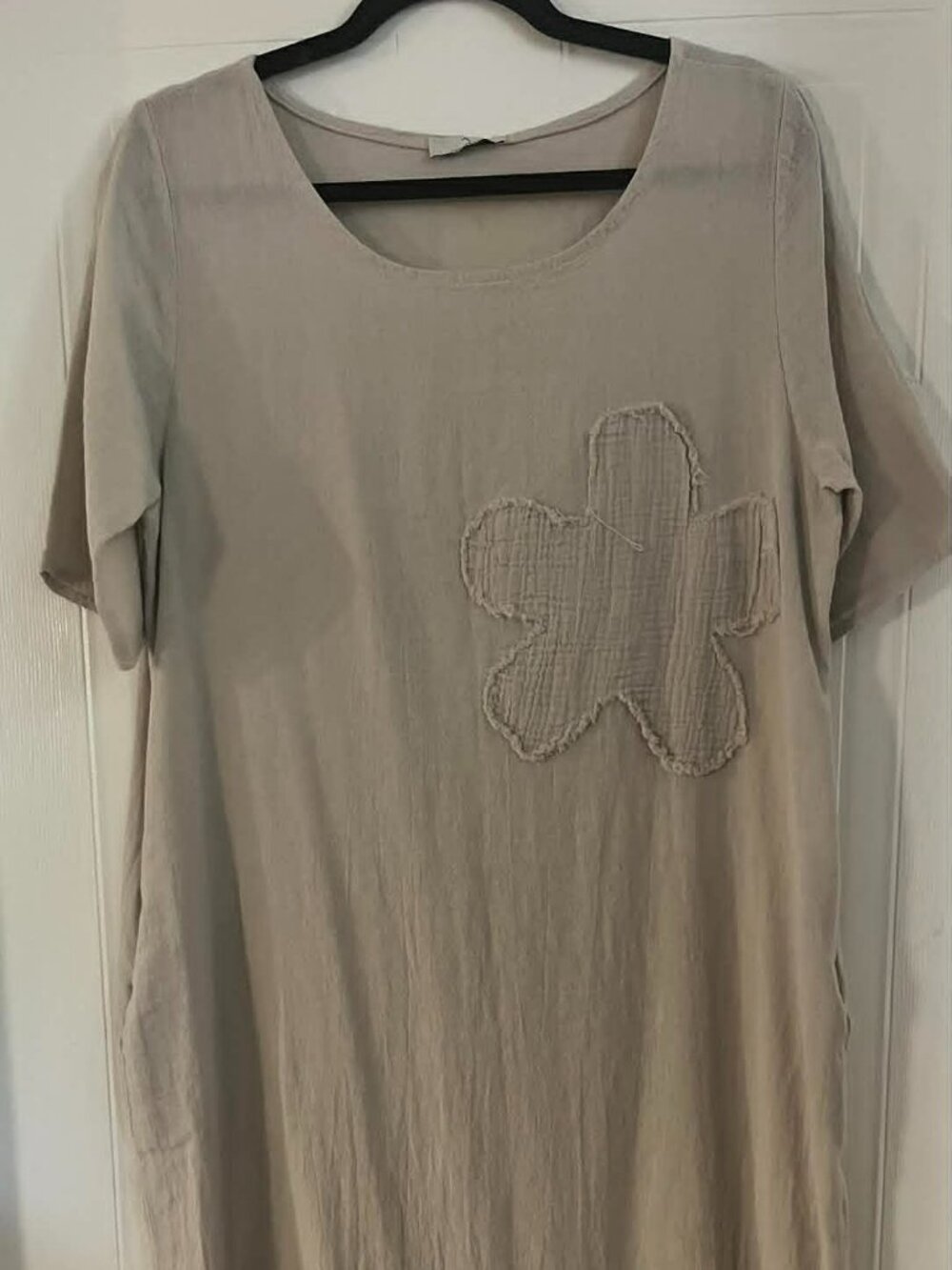 Beige Linen Midi Dress with Pretty Floral Design on Front (E12)